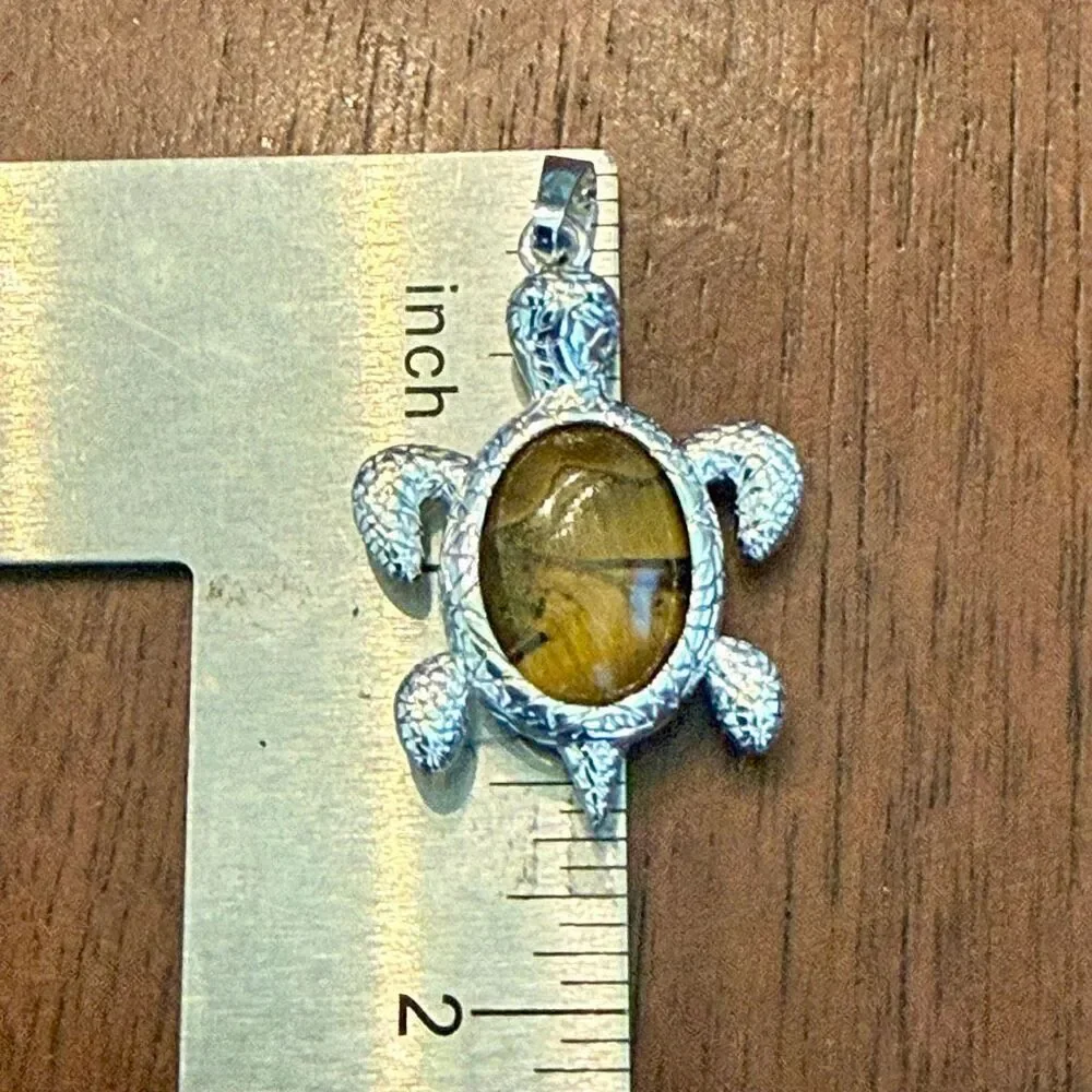 Handcrafted Silver Turtle Pendant Necklace Tiger’s Eye Gemstone Beach Theme Jewe